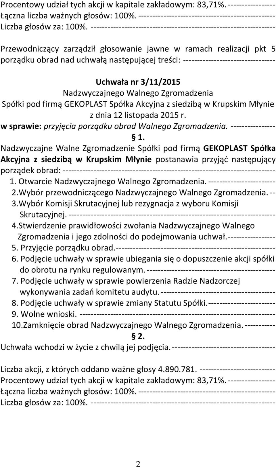 ---------------- Akcyjna z siedzibą w Krupskim Młynie postanawia przyjąć następujący porządek obrad: ---------------------------------------------------------------------------- 1. Otwarcie.