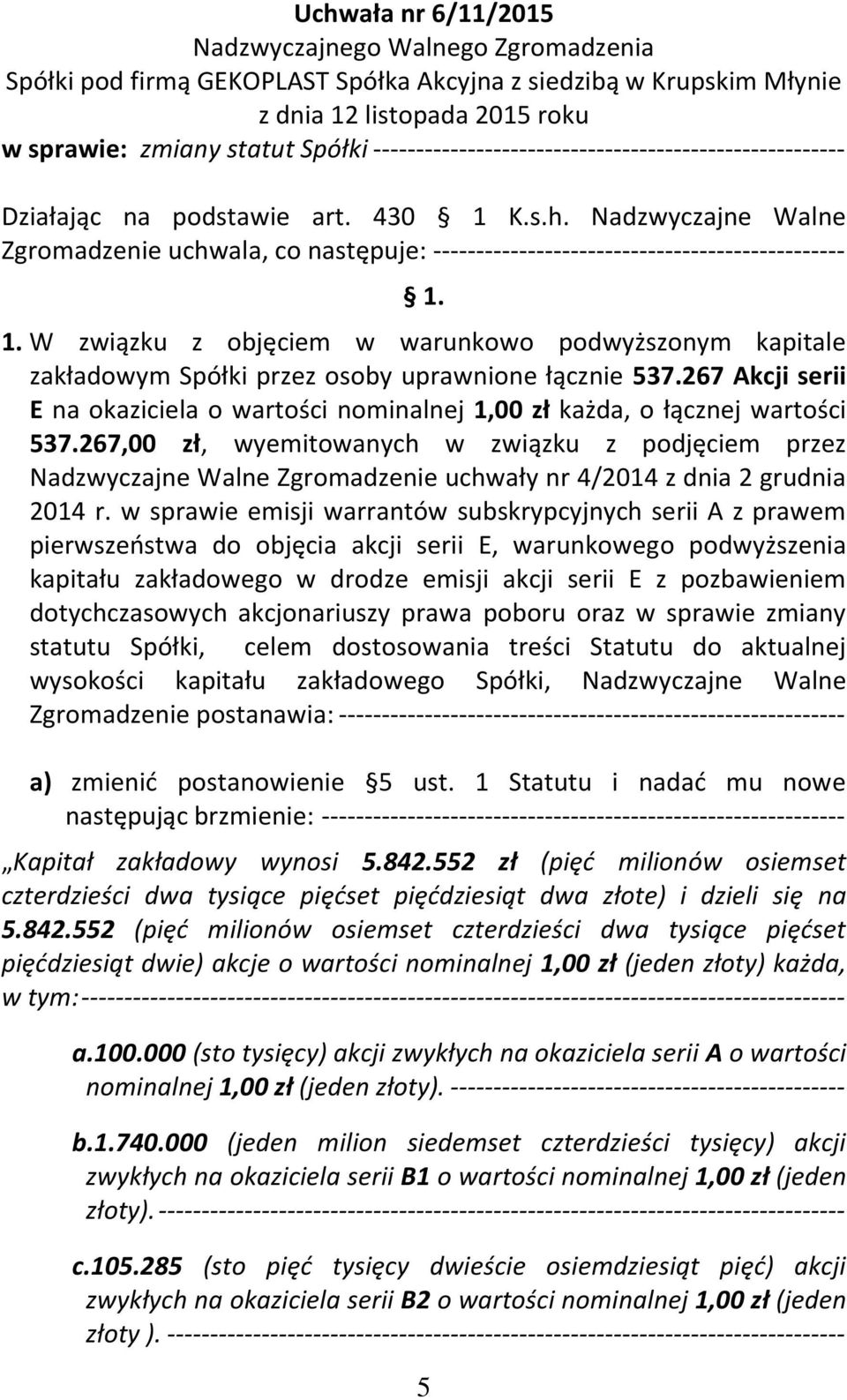 267,00 zł, wyemitowanych w związku z podjęciem przez Nadzwyczajne Walne Zgromadzenie uchwały nr 4/2014 z dnia 2 grudnia 2014 r.