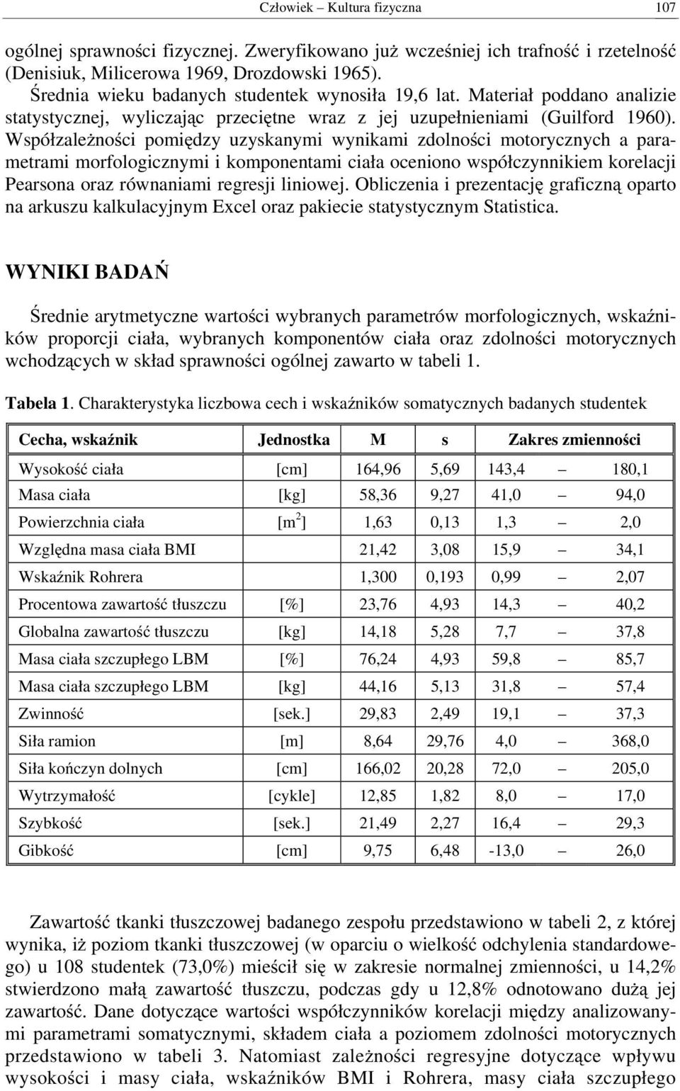 Współzależności pomiędzy uzyskanymi wynikami zdolności motorycznych a parametrami morfologicznymi i komponentami ciała oceniono współczynnikiem korelacji Pearsona oraz równaniami regresji liniowej.