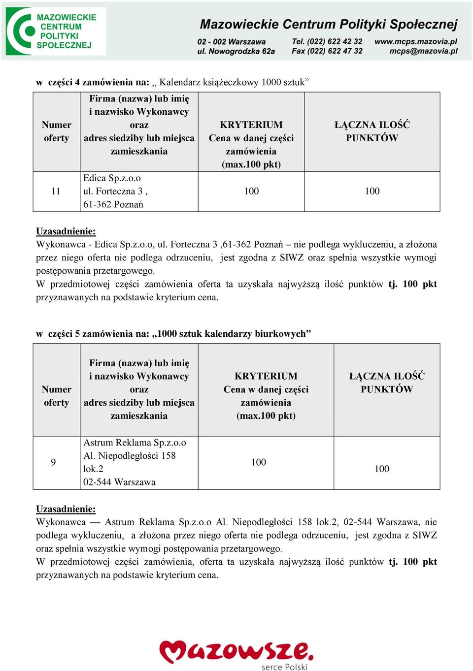 W przedmiotowej części oferta ta uzyskała najwyższą ilość punktów tj. 00 pkt w części 5 na: 000 sztuk kalendarzy biurkowych Firma (nazwa) lub imię i nazwisko Wykonawcy oraz (max.