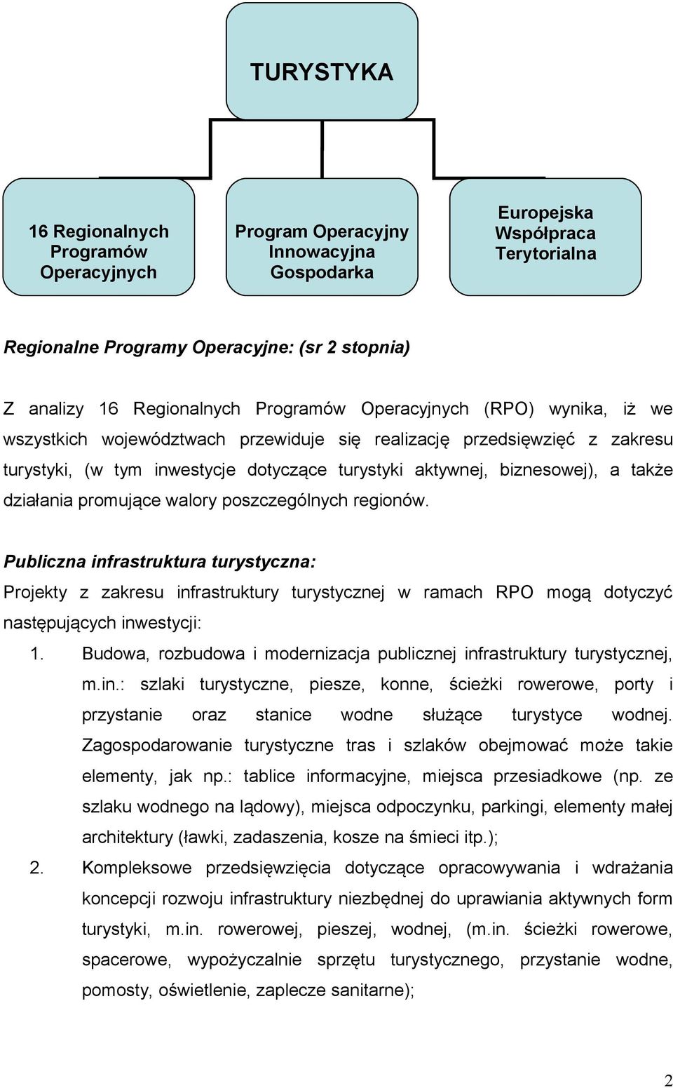działania promujące walory poszczególnych regionów. Publiczna infrastruktura turystyczna: Projekty z zakresu infrastruktury turystycznej w ramach RPO mogą dotyczyć następujących inwestycji: 1.