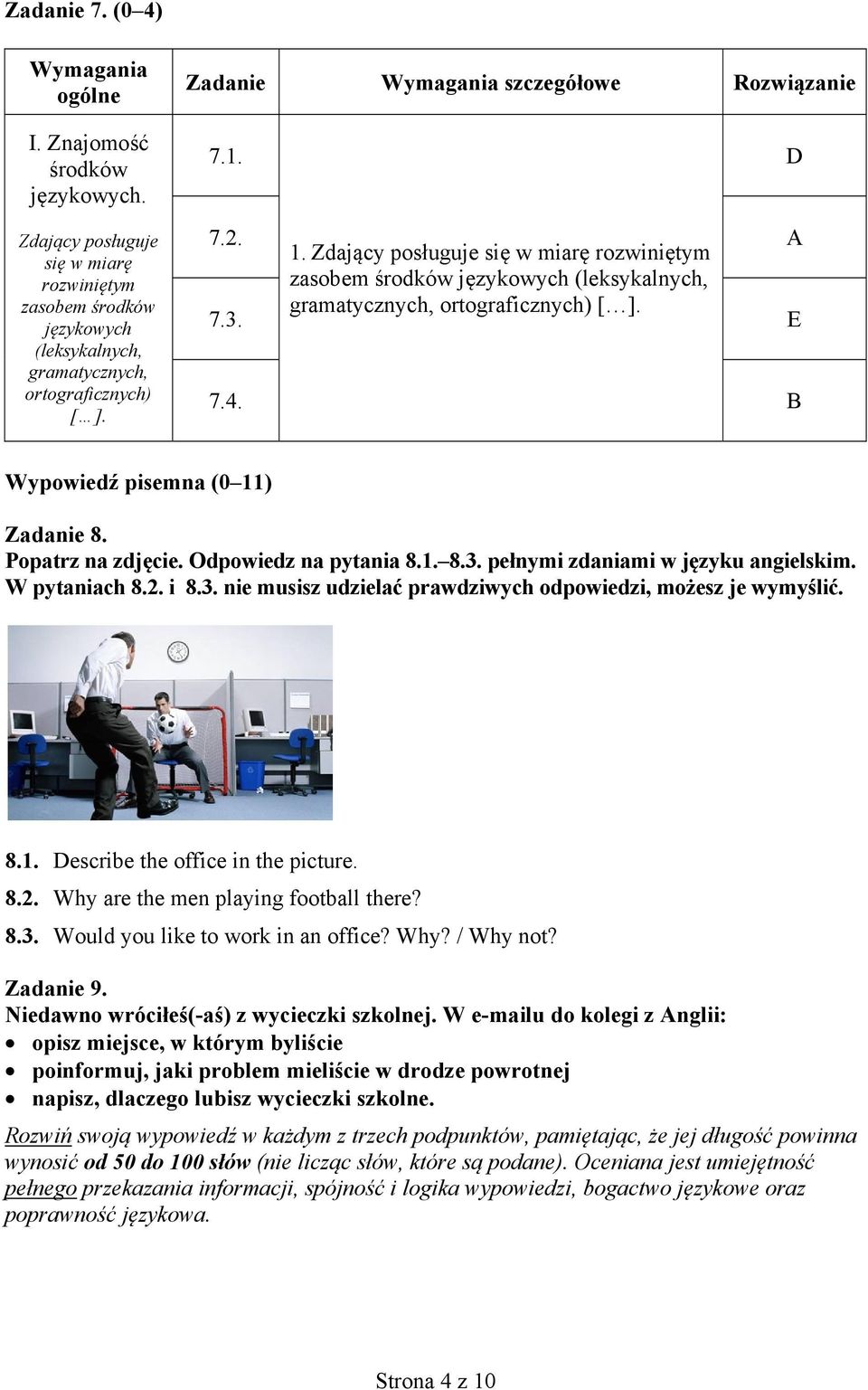 Odpowiedz na pytania 8.1. 8.3. pełnymi zdaniami w języku angielskim. W pytaniach 8.2. i 8.3. nie musisz udzielać prawdziwych odpowiedzi, możesz je wymyślić. 8.1. Describe the office in the picture. 8.2. Why are the men playing football there?