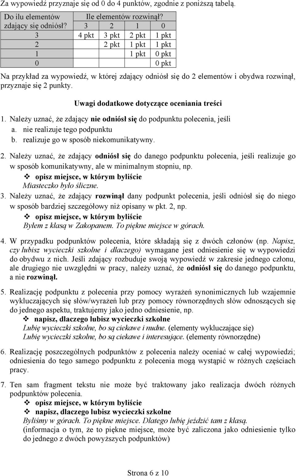 Uwagi dodatkowe dotyczące oceniania treści 1. Należy uznać, że zdający nie odniósł się do podpunktu polecenia, jeśli a. nie realizuje tego podpunktu b. realizuje go w sposób niekomunikatywny. 2.