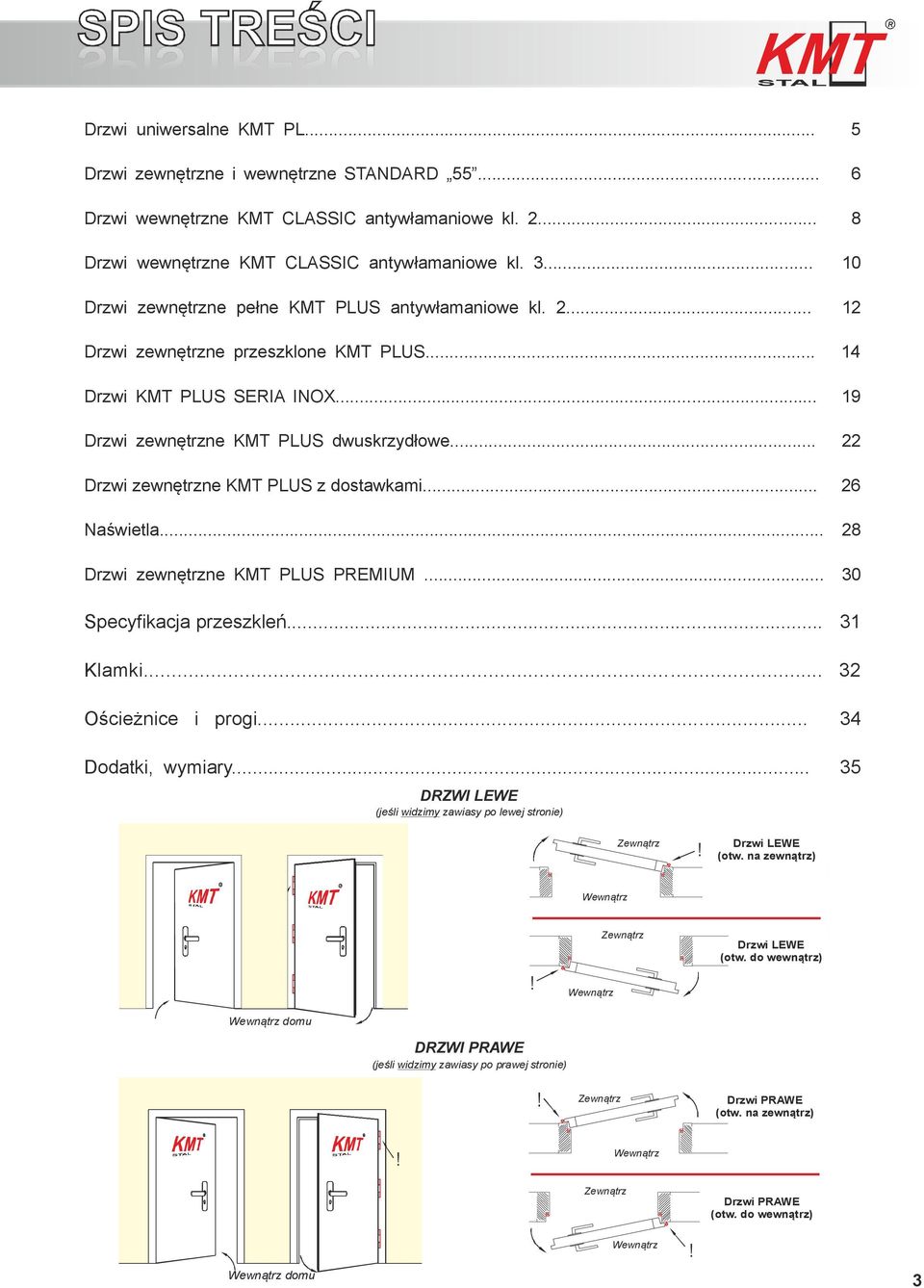 .. 22 Drzwi zewnętrzne KMT PLUS z dostawkami... 26 Naświetla... 28 Drzwi zewnętrzne KMT PLUS PREMIUM... 30 Specyfikacja przeszkleń... 31 Klamki... 32 Ościeżnice i progi... 34 Dodatki, wymiary.