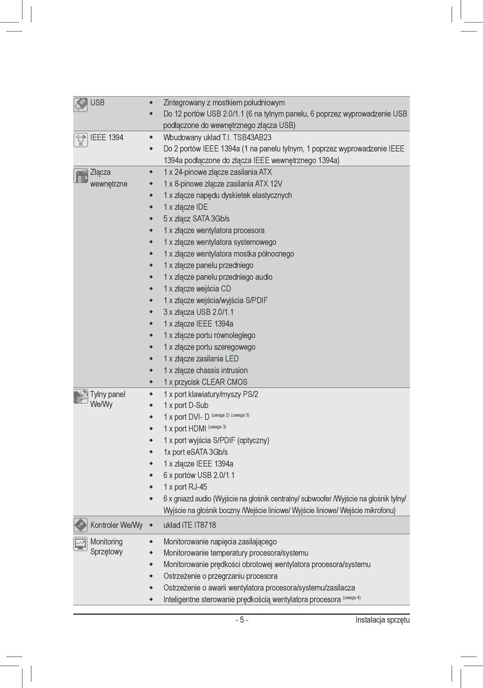TSB43AB23 Do 2 portów IEEE 394a ( na panelu tylnym, poprzez wyprowadzenie IEEE 394a podłączone do złącza IEEE wewnętrznego 394a) Złącza w x 24-pinowe złącze zasilania ATX wewnętrzne w x 8-pinowe