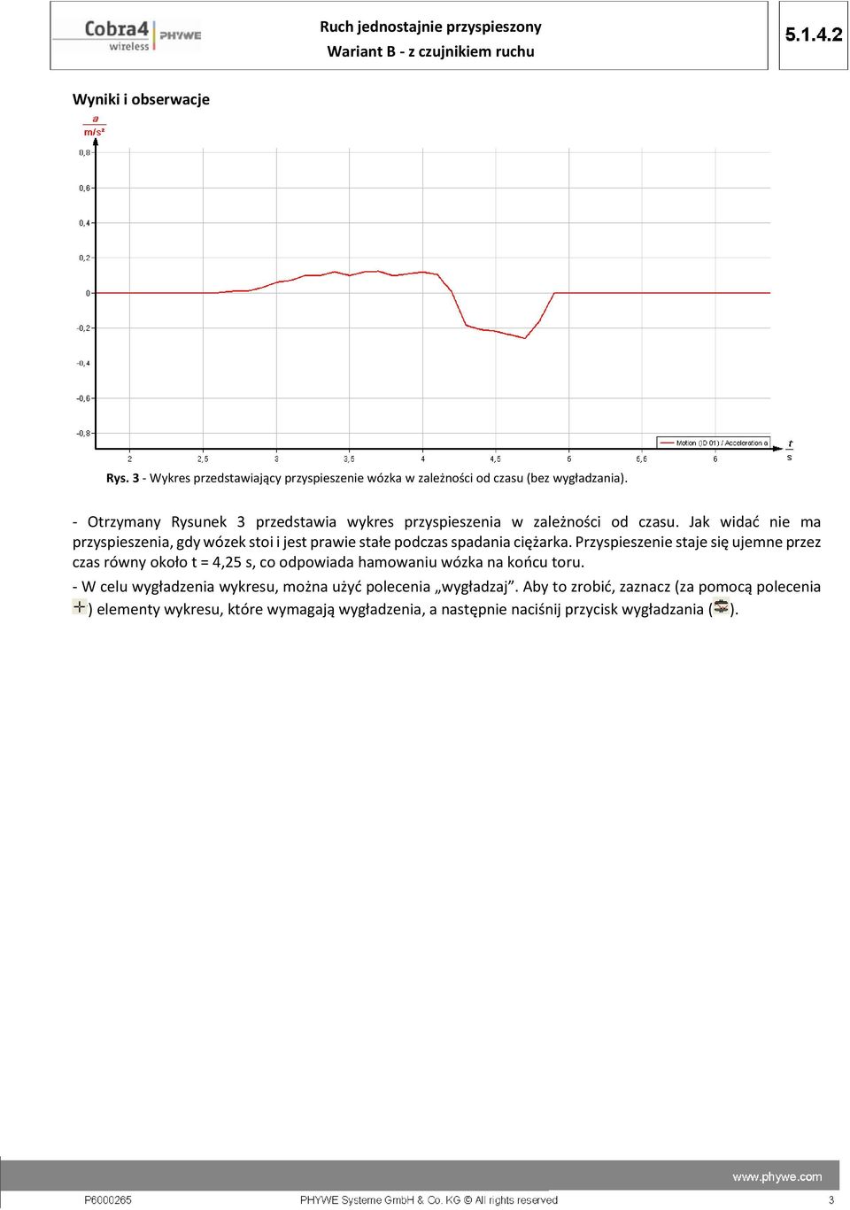 Jak widać nie ma przyspieszenia, gdy wózek stoi i jest prawie stałe podczas spadania ciężarka.