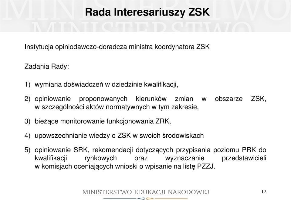 monitorowanie funkcjonowania ZRK, 4) upowszechnianie wiedzy o ZSK w swoich środowiskach 5) opiniowanie SRK, rekomendacji dotyczących