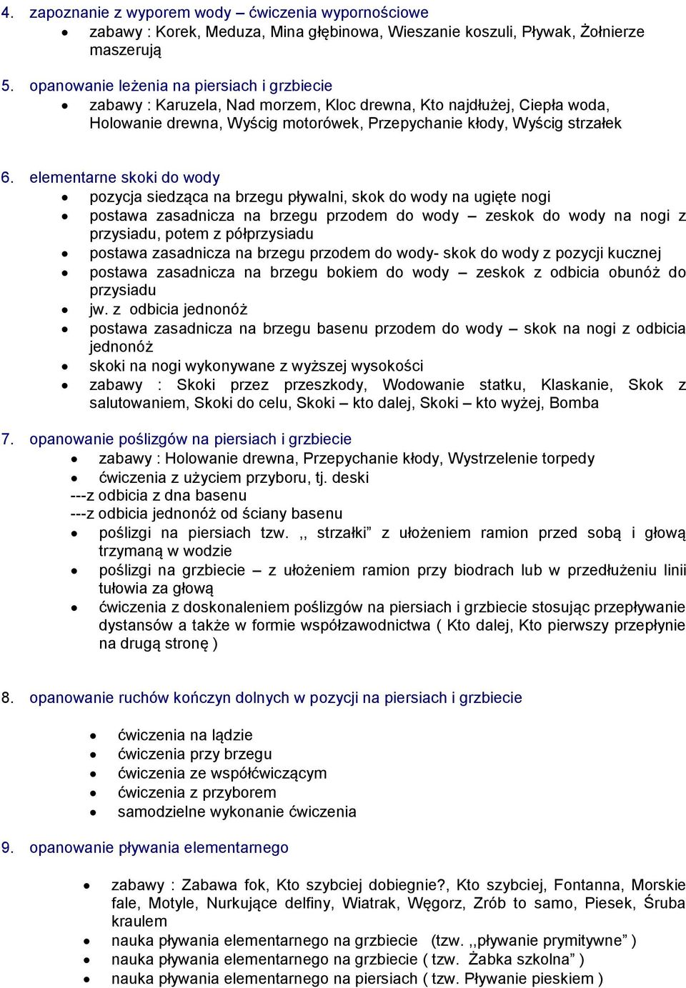 elementarne skoki do wody pozycja siedząca na brzegu pływalni, skok do wody na ugięte nogi postawa zasadnicza na brzegu przodem do wody zeskok do wody na nogi z przysiadu, potem z półprzysiadu