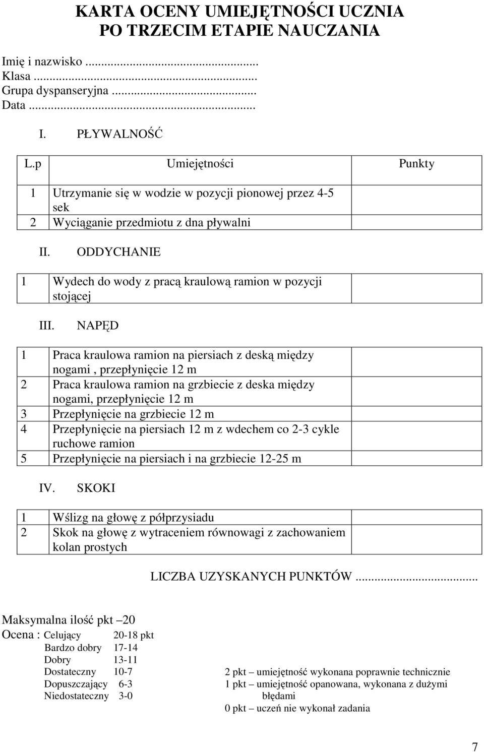 NAPĘD 1 Praca kraulowa ramion na piersiach z deską między nogami, przepłynięcie 12 m 2 Praca kraulowa ramion na grzbiecie z deska między nogami, przepłynięcie 12 m 3 Przepłynięcie na grzbiecie 12 m 4