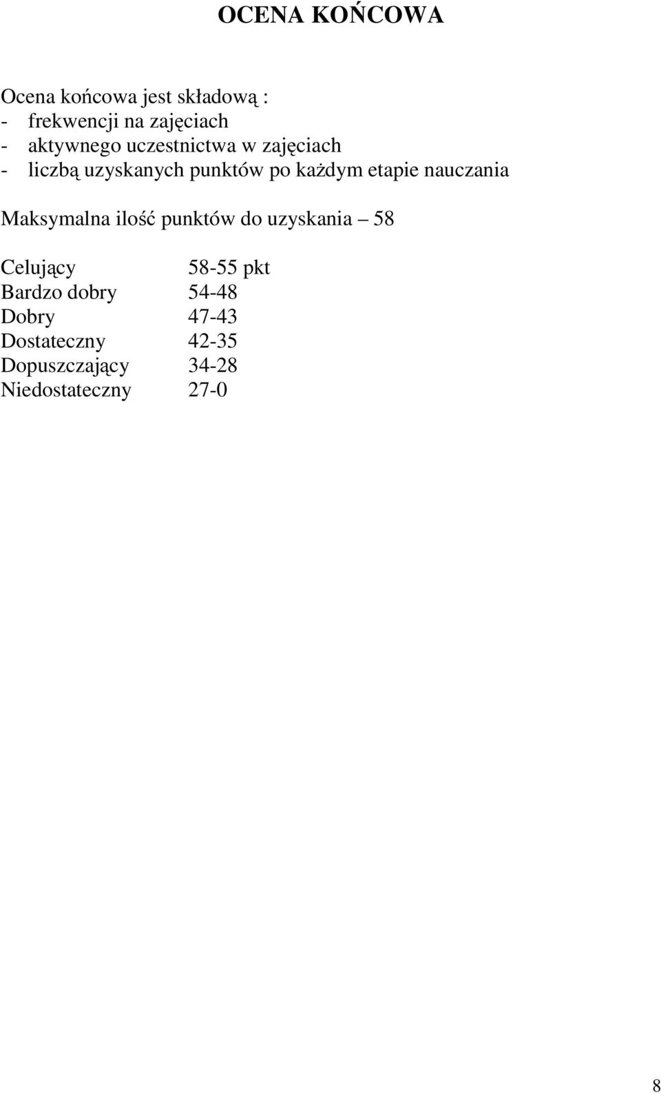 etapie nauczania Maksymalna ilość punktów do uzyskania 58 Celujący 58-55 pkt