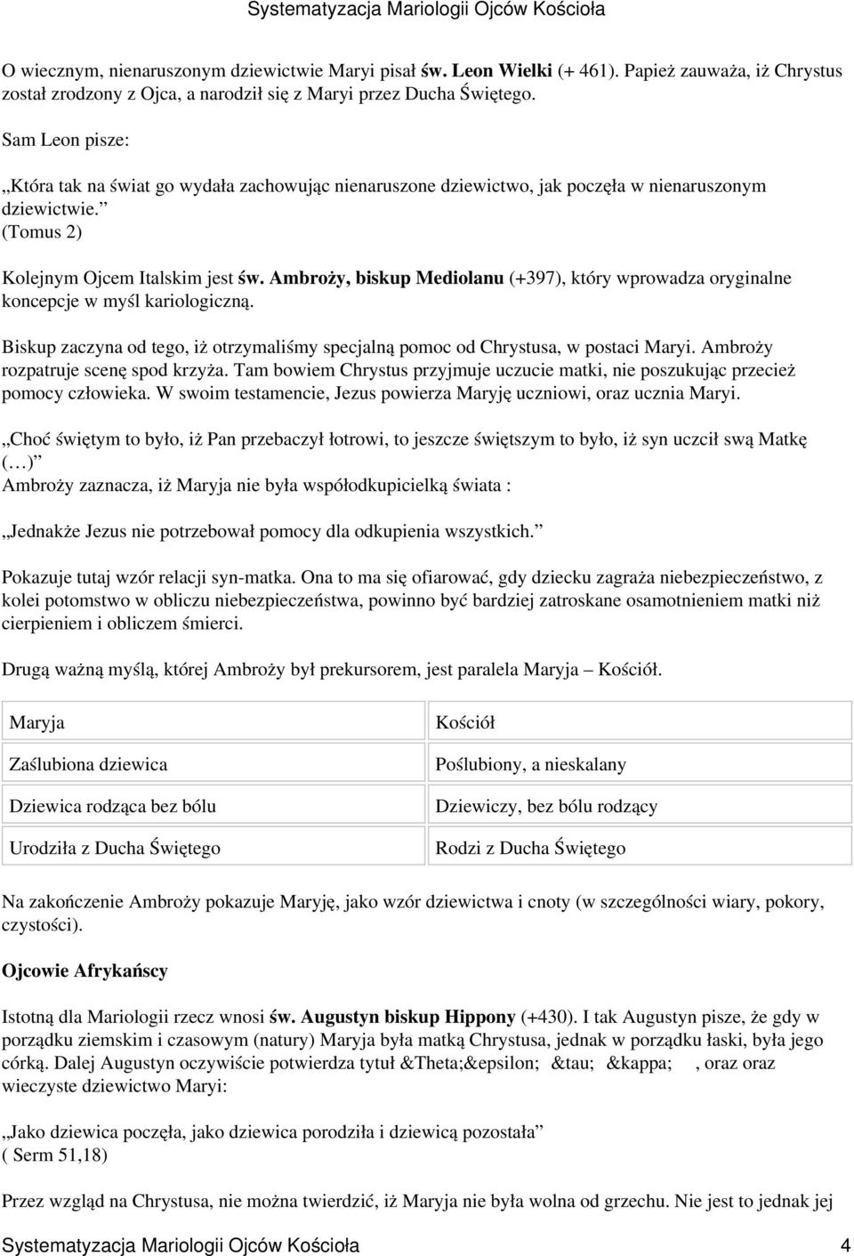 Ambroży, biskup Mediolanu (+397), który wprowadza oryginalne koncepcje w myśl kariologiczną. Biskup zaczyna od tego, iż otrzymaliśmy specjalną pomoc od Chrystusa, w postaci Maryi.