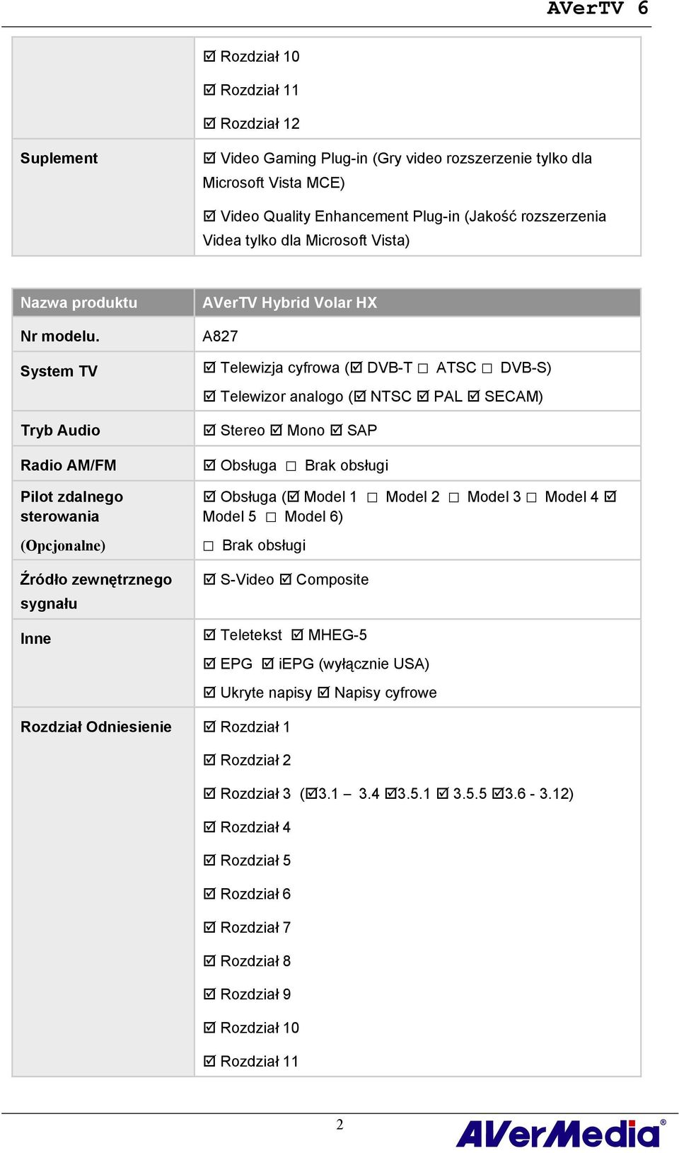 System TV Tryb Audio Radio AM/FM Pilot zdalnego sterowania (Opcjonalne) Źródło zewnętrznego sygnału Inne AVerTV Hybrid Volar HX A827 Telewizja cyfrowa ( DVB-T ATSC DVB-S) Telewizor analogo ( NTSC PAL