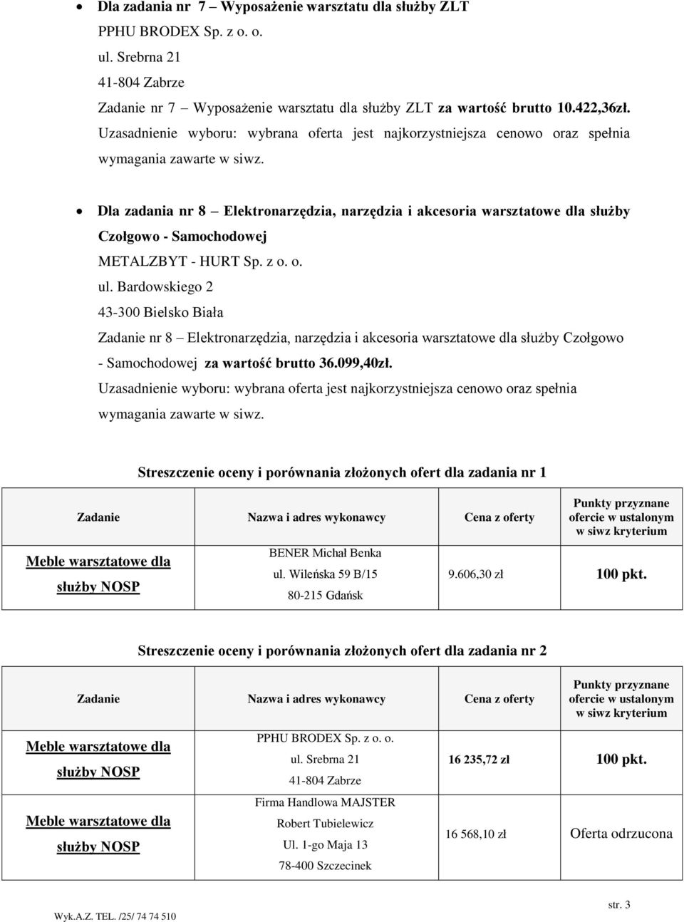 Streszczenie oceny i porównania złożonych ofert dla zadania nr 1 Meble warsztatowe dla służby NOSP BENER Michał Benka ul. Wileńska 59 B/15 80-215 Gdańsk 9.606,30 zł 100 pkt.