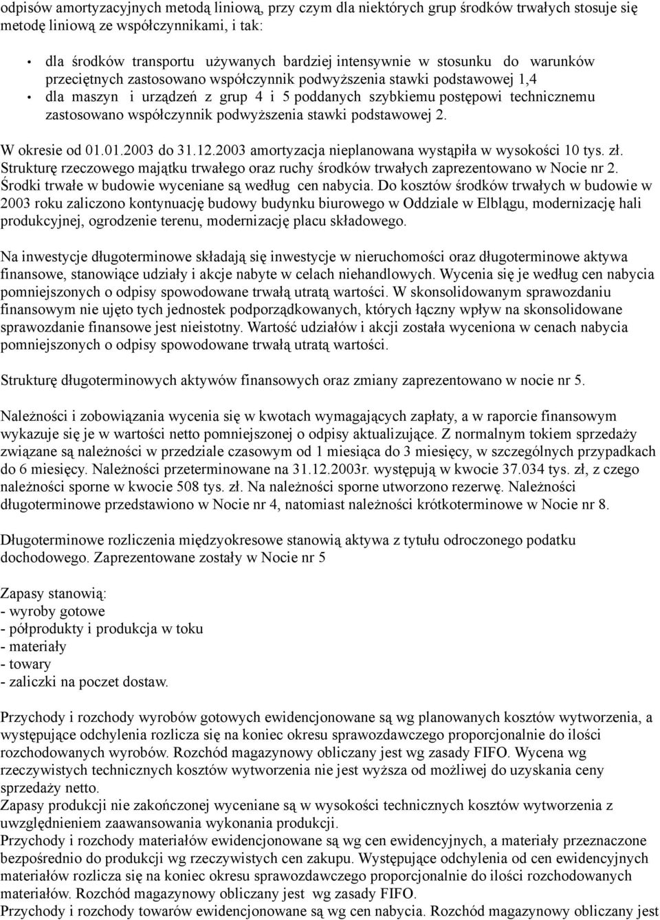 podwyższenia stawki podstawowej 2. W okresie od 01.01.2003 do 31.12.2003 amortyzacja nieplanowana wystąpiła w wysokości 10 tys. zł.