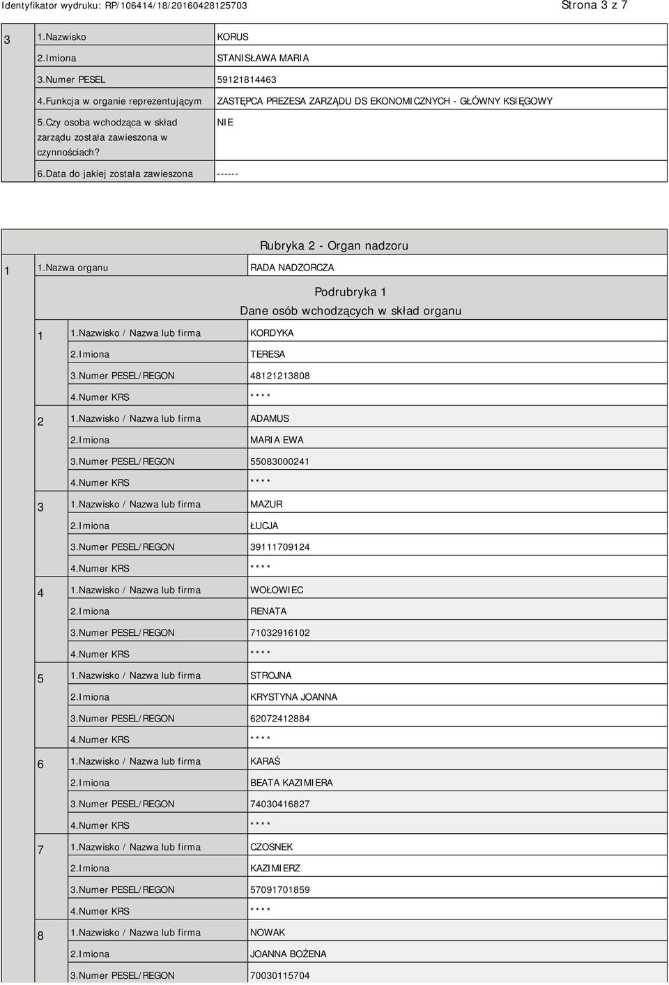 Nazwa organu RADA NADZORCZA Podrubryka 1 Dane osób wchodzących w skład organu 1 1.Nazwisko / Nazwa lub firma KORDYKA TERESA 3.Numer PESEL/REGON 48121213808 2 1.