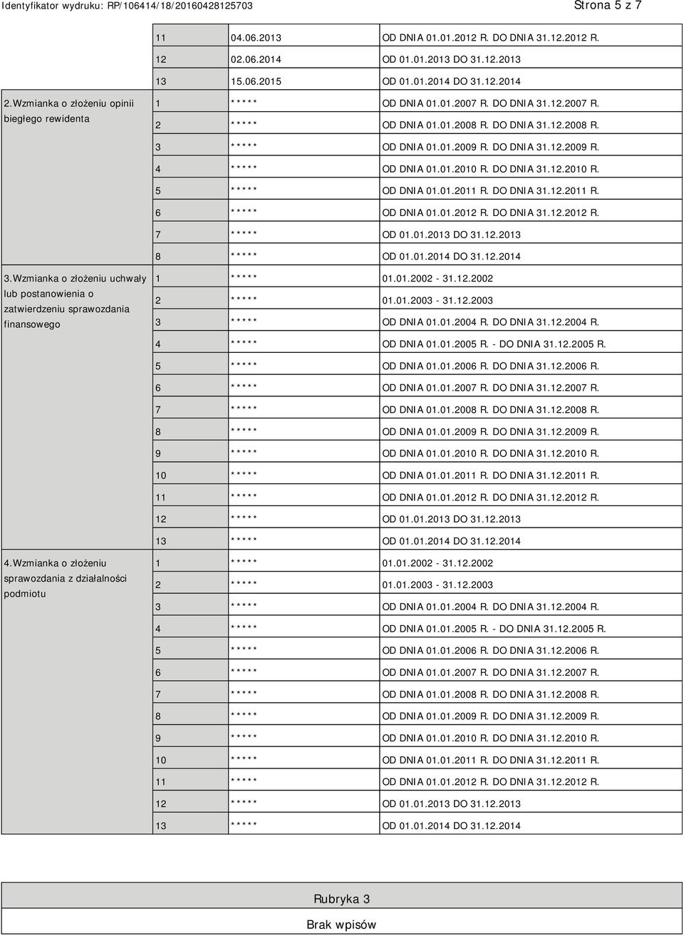 01.2010 R. DO DNIA 31.12.2010 R. 5 ***** OD DNIA 01.01.2011 R. DO DNIA 31.12.2011 R. 6 ***** OD DNIA 01.01.2012 R. DO DNIA 31.12.2012 R. 7 ***** OD 01.01.2013 DO 31.12.2013 8 ***** OD 01.01.2014 DO 31.