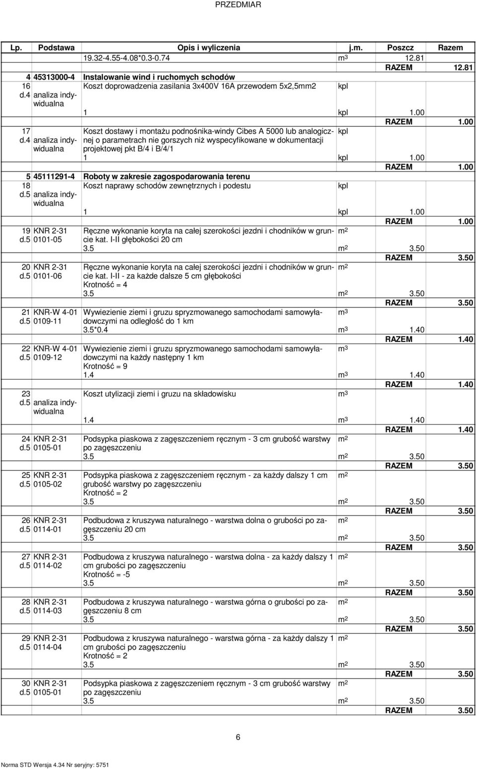 4 analiza indywidualna Koszt dostawy i montażu podnośnika-windy Cibes A 5000 lub analogicznej o parametrach nie gorszych niż wyspecyfikowane w dokumentacji projektowej pkt B/4 i B/4/1 kpl 5