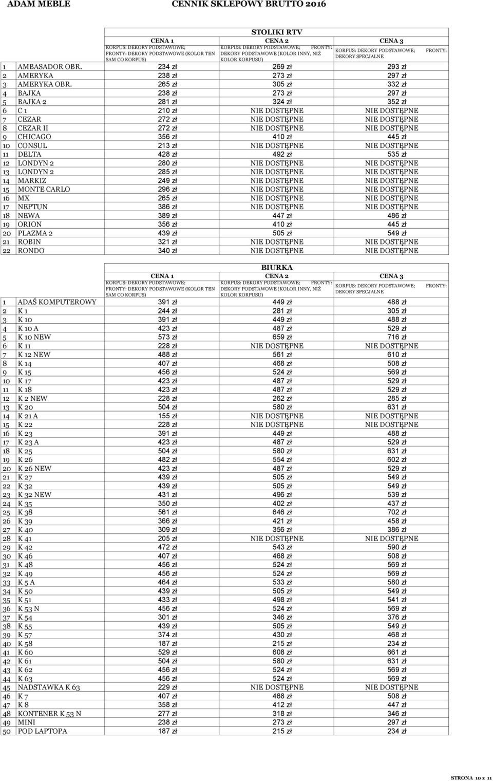 DOSTĘPNE 9 CHICAGO 356 zł 410 zł 445 zł 10 CONSUL 213 zł NIE DOSTĘPNE NIE DOSTĘPNE 11 DELTA 428 zł 492 zł 535 zł 12 LONDYN 2 280 zł NIE DOSTĘPNE NIE DOSTĘPNE 13 LONDYN 2 285 zł NIE DOSTĘPNE NIE