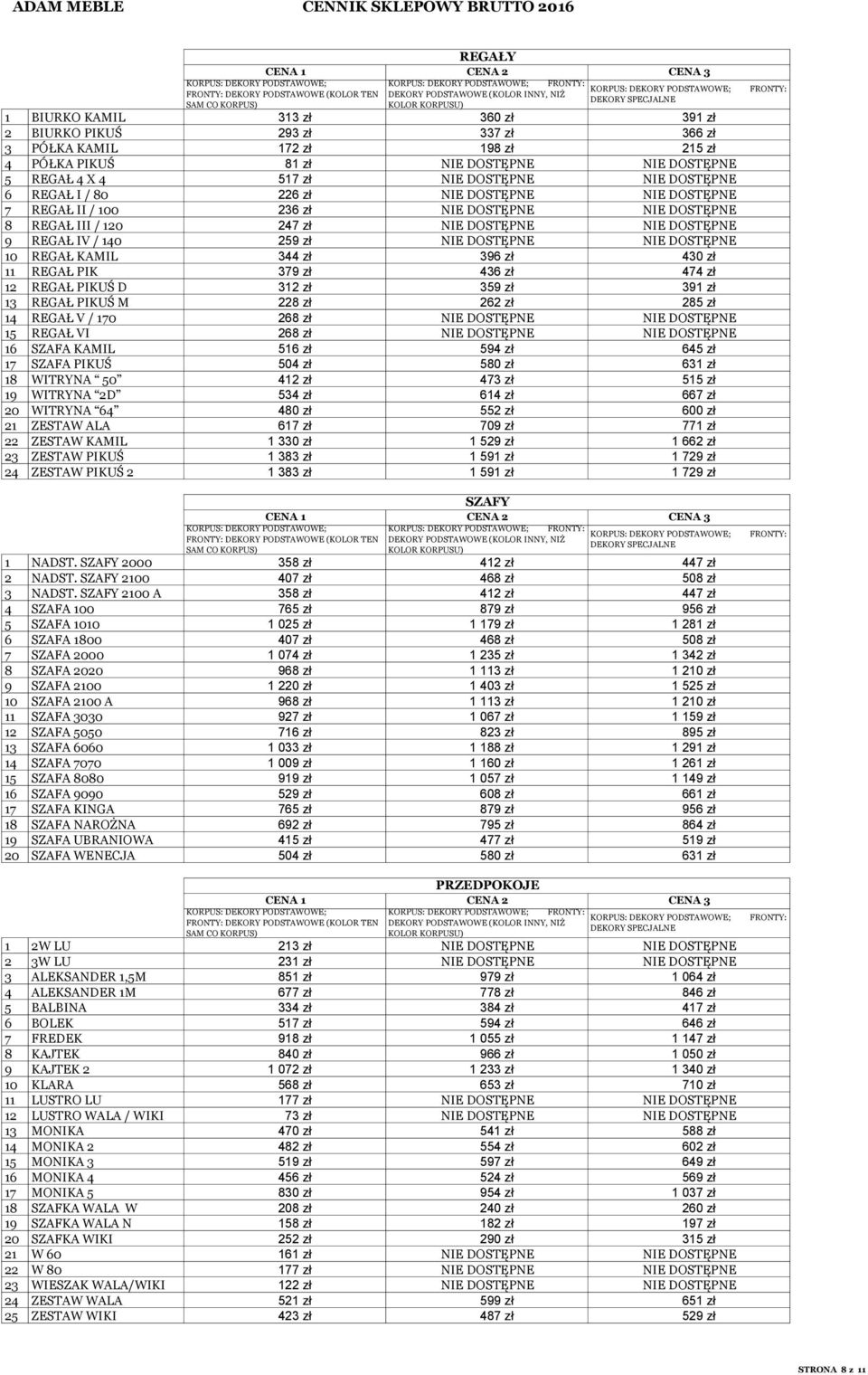 140 259 zł NIE DOSTĘPNE NIE DOSTĘPNE 10 REGAŁ KAMIL 344 zł 396 zł 430 zł 11 REGAŁ PIK 379 zł 436 zł 474 zł 12 REGAŁ PIKUŚ D 312 zł 359 zł 391 zł 13 REGAŁ PIKUŚ M 228 zł 262 zł 285 zł 14 REGAŁ V / 170