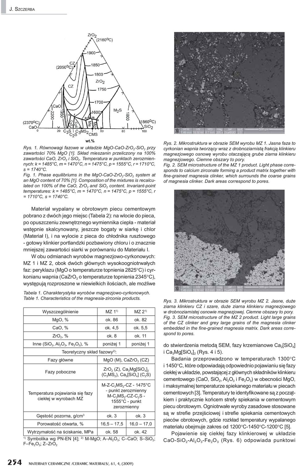 Composition of the mixtures is recalculated on 100% of the CaO, ZrO 2 and SiO 2 content. Invariant-point temperatures: k = 1485 C, m = 1470 C, n = 1475 C, p = 1555 C, r = 1710 C, s = 1740 C. Rys. 2. Mikrostruktura w obrazie SEM wyrobu MZ 1.