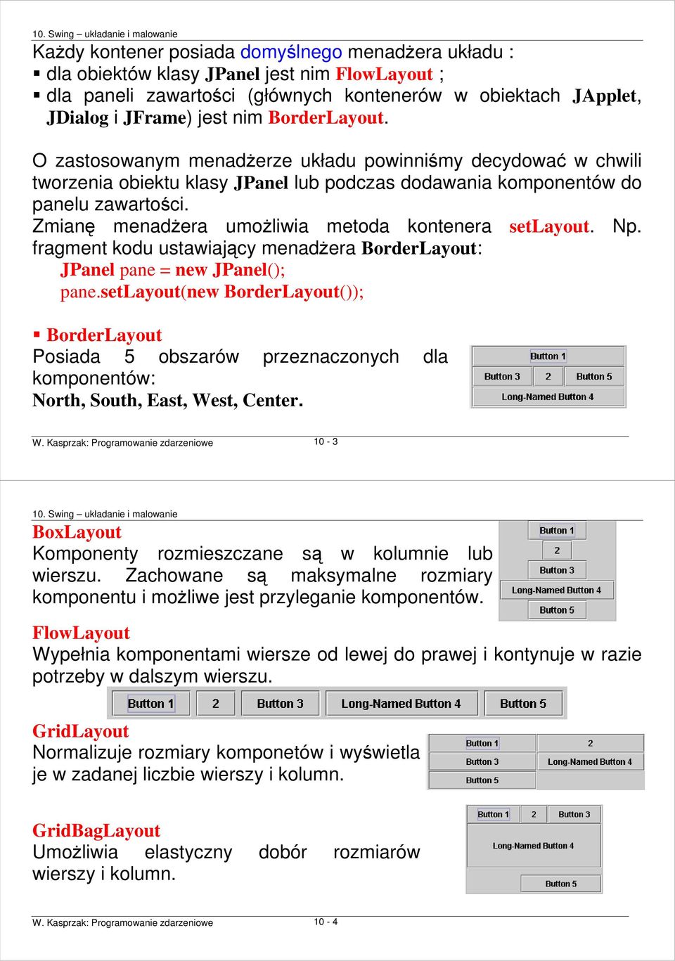 Zmianę menadŝera umoŝliwia metoda kontenera setlayout. Np. fragment kodu ustawiający menadŝera BorderLayout: JPanel pane = new JPanel(); pane.