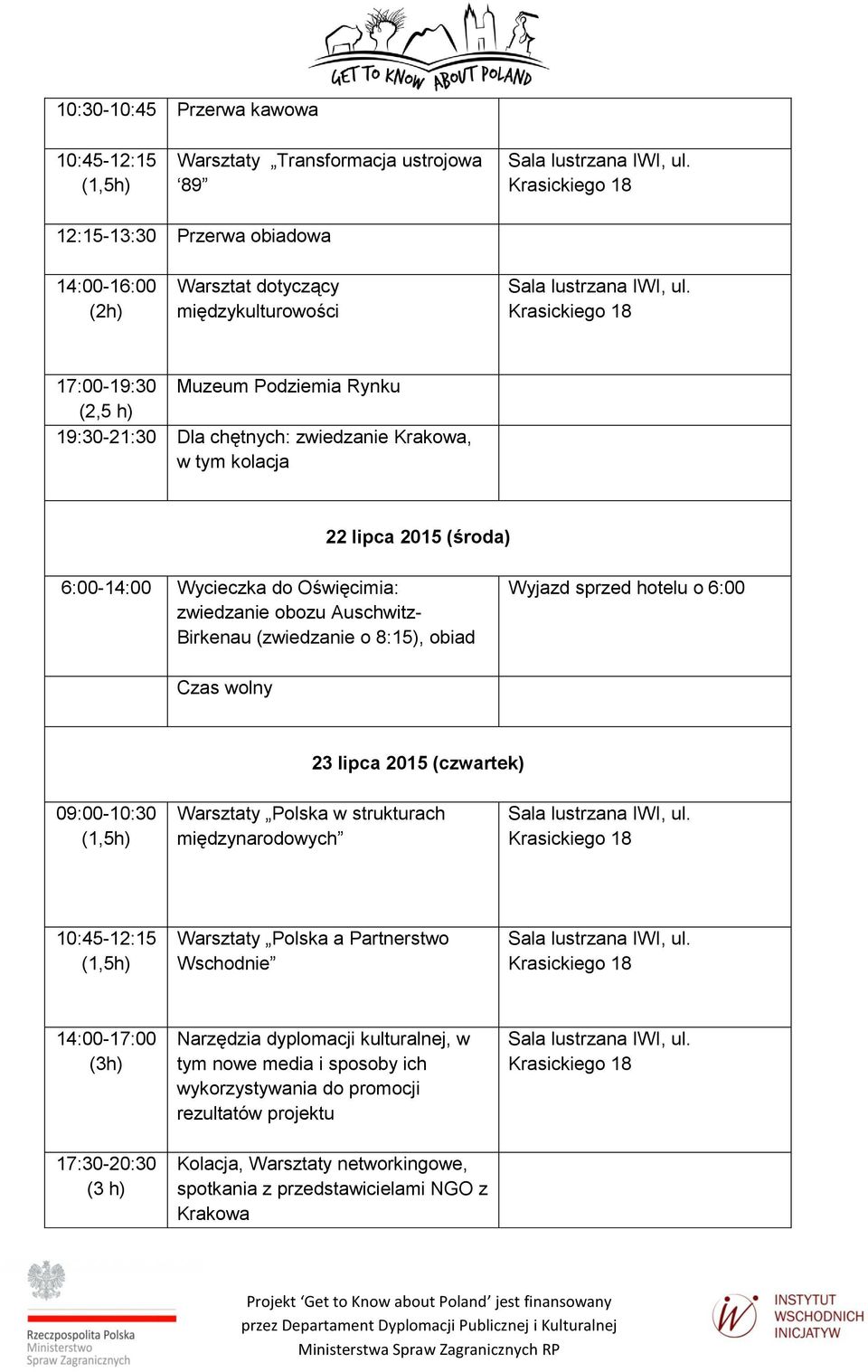 Wyjazd sprzed hotelu o 6:00 Czas wolny 23 lipca 2015 (czwartek) 09:00-10:30 Warsztaty Polska w strukturach międzynarodowych 10:45-12:15 Warsztaty Polska a Partnerstwo Wschodnie 14:00-17:00