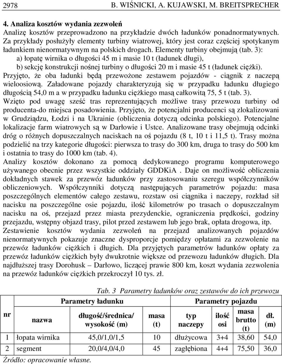 3): a) łopatę wirnika o długości 45 m i masie 10 t (ładunek długi), b) sekcję konstrukcji nośnej turbiny o długości 20 m i masie 45 t (ładunek cięŝki).