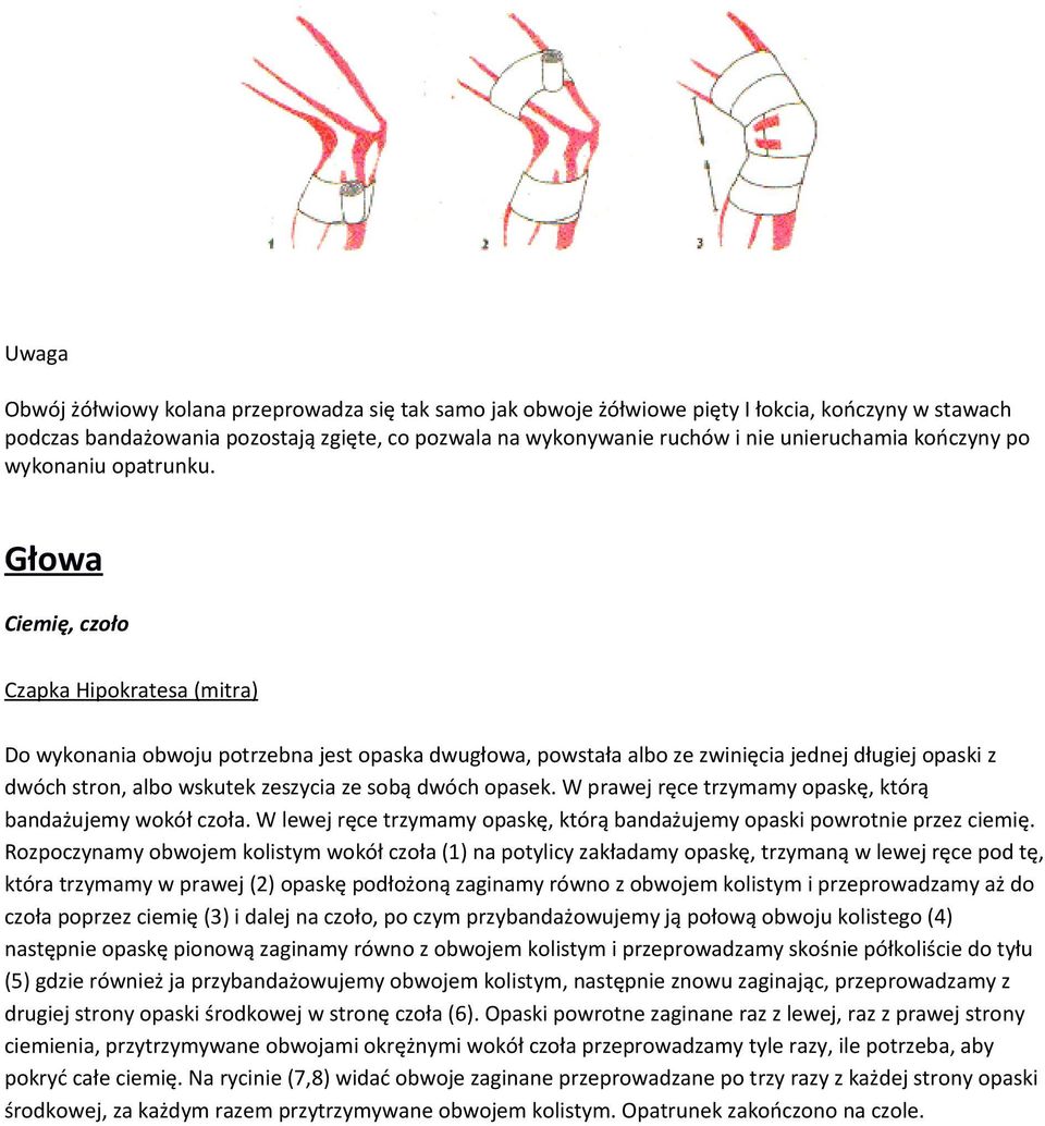 Głowa Ciemię, czoło Czapka Hipokratesa (mitra) Do wykonania obwoju potrzebna jest opaska dwugłowa, powstała albo ze zwinięcia jednej długiej opaski z dwóch stron, albo wskutek zeszycia ze sobą dwóch