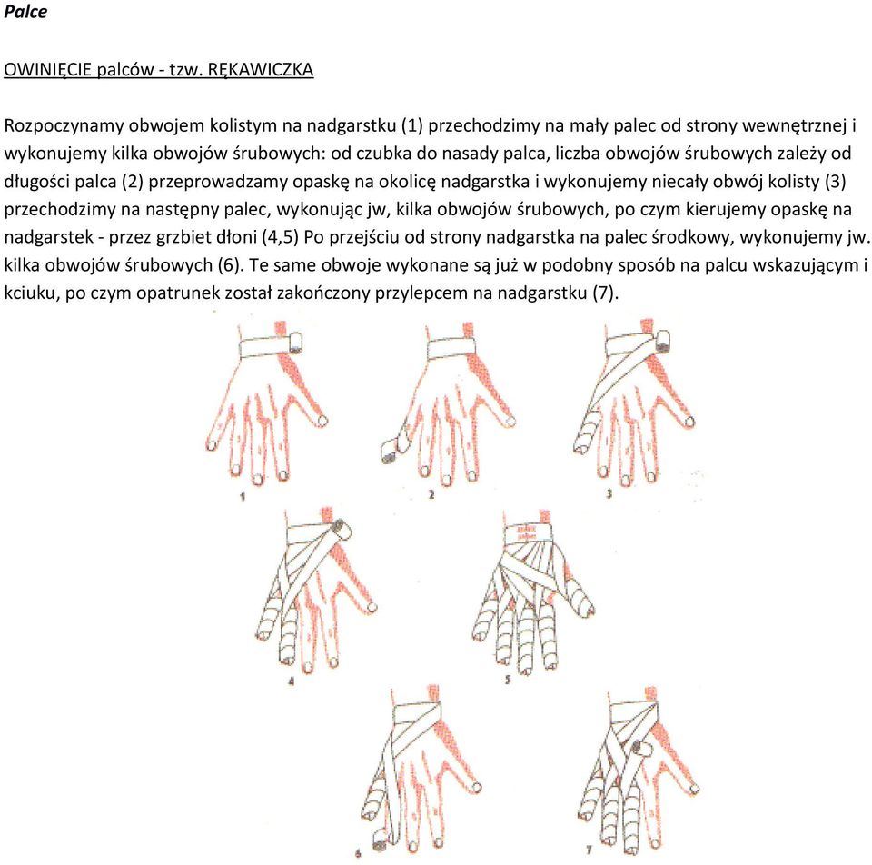 obwojów śrubowych zależy od długości palca (2) przeprowadzamy opaskę na okolicę nadgarstka i wykonujemy niecały obwój kolisty (3) przechodzimy na następny palec, wykonując jw,