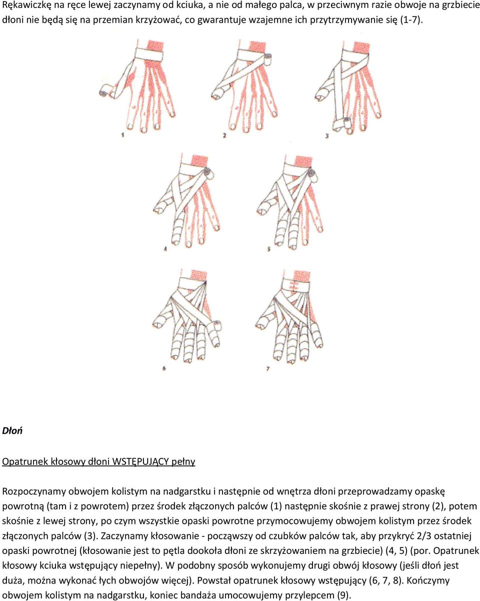 Dłoń Opatrunek kłosowy dłoni WSTĘPUJĄCY pełny Rozpoczynamy obwojem kolistym na nadgarstku i następnie od wnętrza dłoni przeprowadzamy opaskę powrotną (tam i z powrotem) przez środek złączonych palców