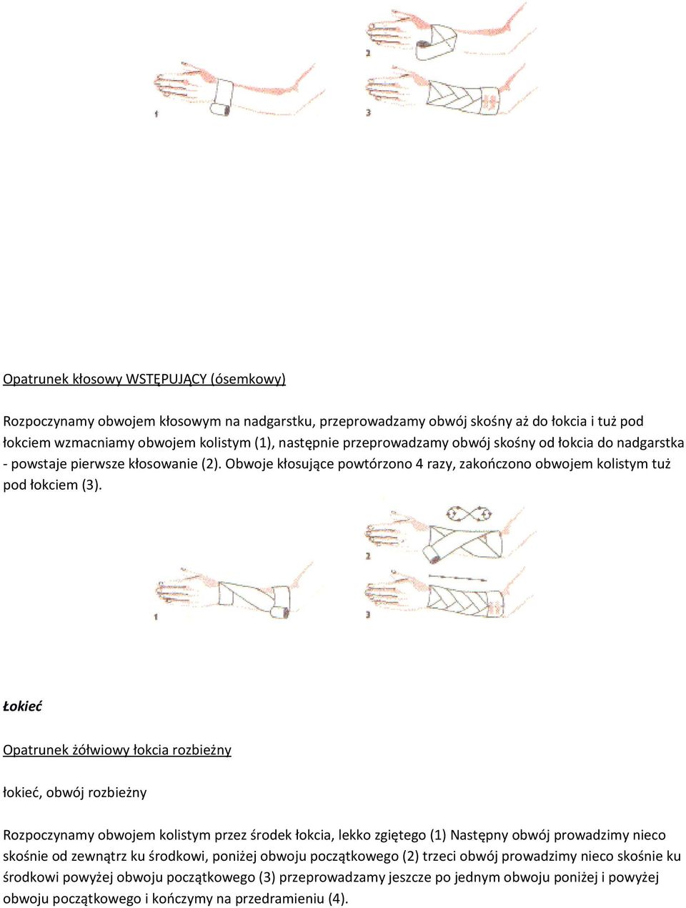 Łokieć Opatrunek żółwiowy łokcia rozbieżny łokieć, obwój rozbieżny Rozpoczynamy obwojem kolistym przez środek łokcia, lekko zgiętego (1) Następny obwój prowadzimy nieco skośnie od zewnątrz ku