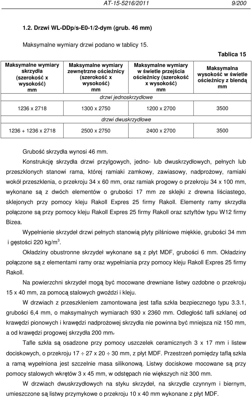 ościeŝnicy (szerokość x wysokość) mm Maksymalna wysokość w świetle ościeŝnicy z blendą mm 1236 x 2718 1300 x 2750 1200 x 2700 3500 drzwi dwuskrzydłowe 1236 + 1236 x 2718 2500 x 2750 2400 x 2700 3500