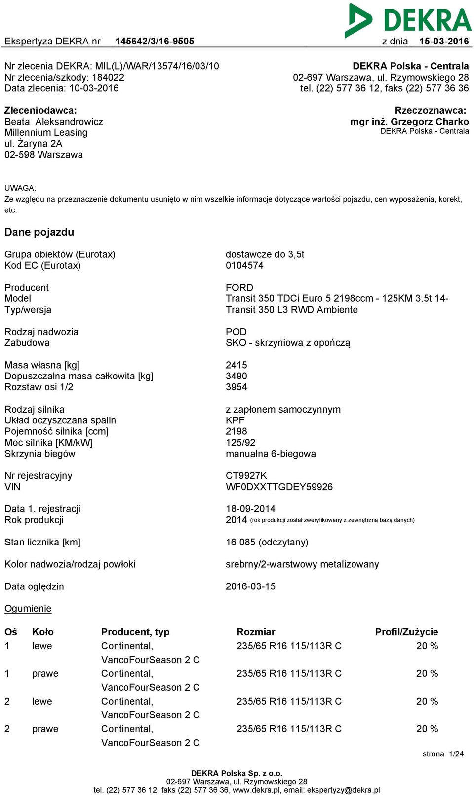 Grzegorz Charko DEKRA Polska - Centrala UWAGA: Ze względu na przeznaczenie dokumentu usunięto w nim wszelkie informacje dotyczące wartości pojazdu, cen wyposażenia, korekt, etc.