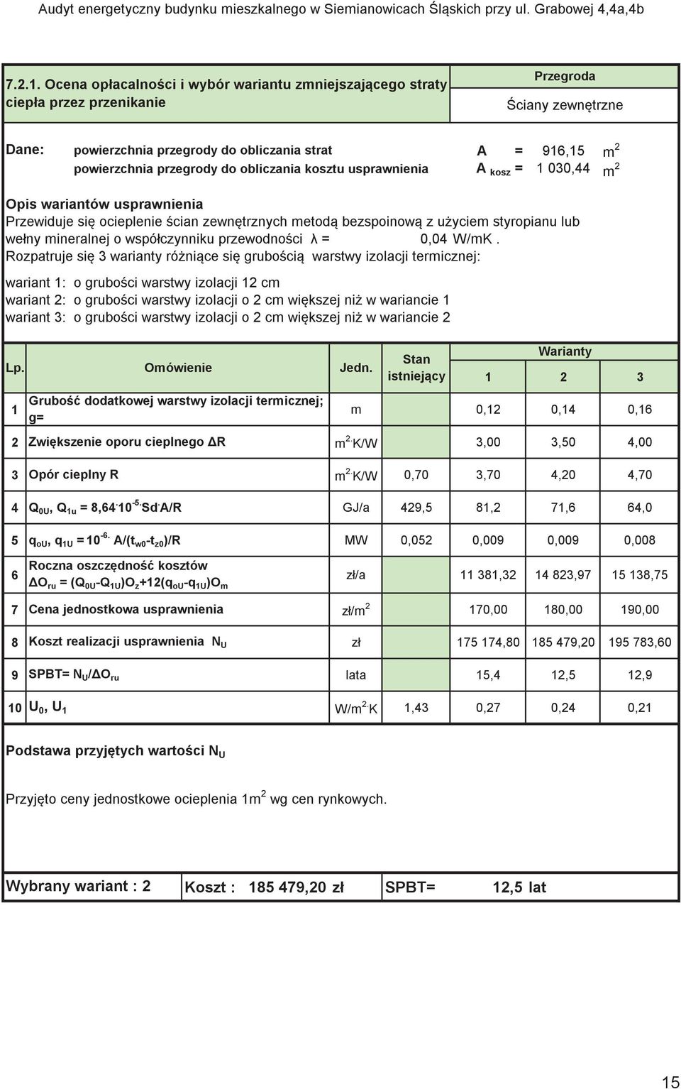 obliczania kosztu usprawnienia A kosz = 1 030,44 m 2 Opis wariantów usprawnienia Przewiduje si ocieplenie cian zewntrznych metod bezspoinow z uyciem styropianu lub wełny mineralnej o współczynniku