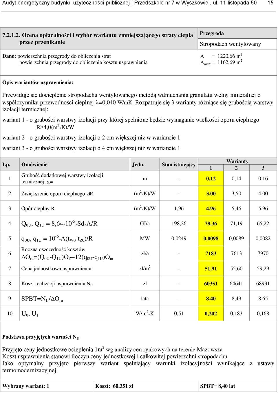 Przegroda Stropodach wentylowany A = 1220,66 m 2 A koszt = 1162,69 m 2 Opis wariantów usprawnienia: Przewiduje się docieplenie stropodachu wentylowanego metodą wdmuchania granulatu wełny mineralnej o