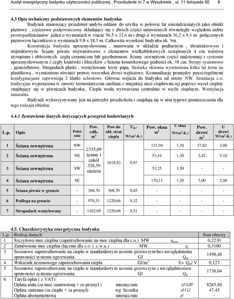 dwóch części ustawionych równoległe względem siebie prostopadłościanów: jeden o wymiarach w rzucie 56,5 x 12,6 m i drugi o wymiarach 36,2 x 9,1 m połączonych piętrowym łącznikiem o wymiarach 9,8 x