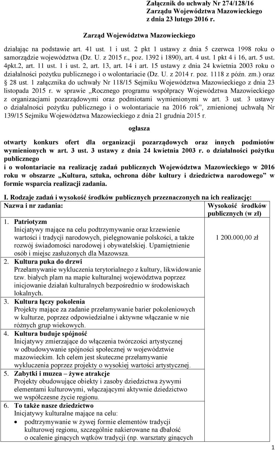 15 ustawy z dnia 24 kwietnia 2003 roku o działalności pożytku publicznego i o wolontariacie (Dz. U. z 2014 r. poz. 1118 z późn. zm.) oraz 28 ust.