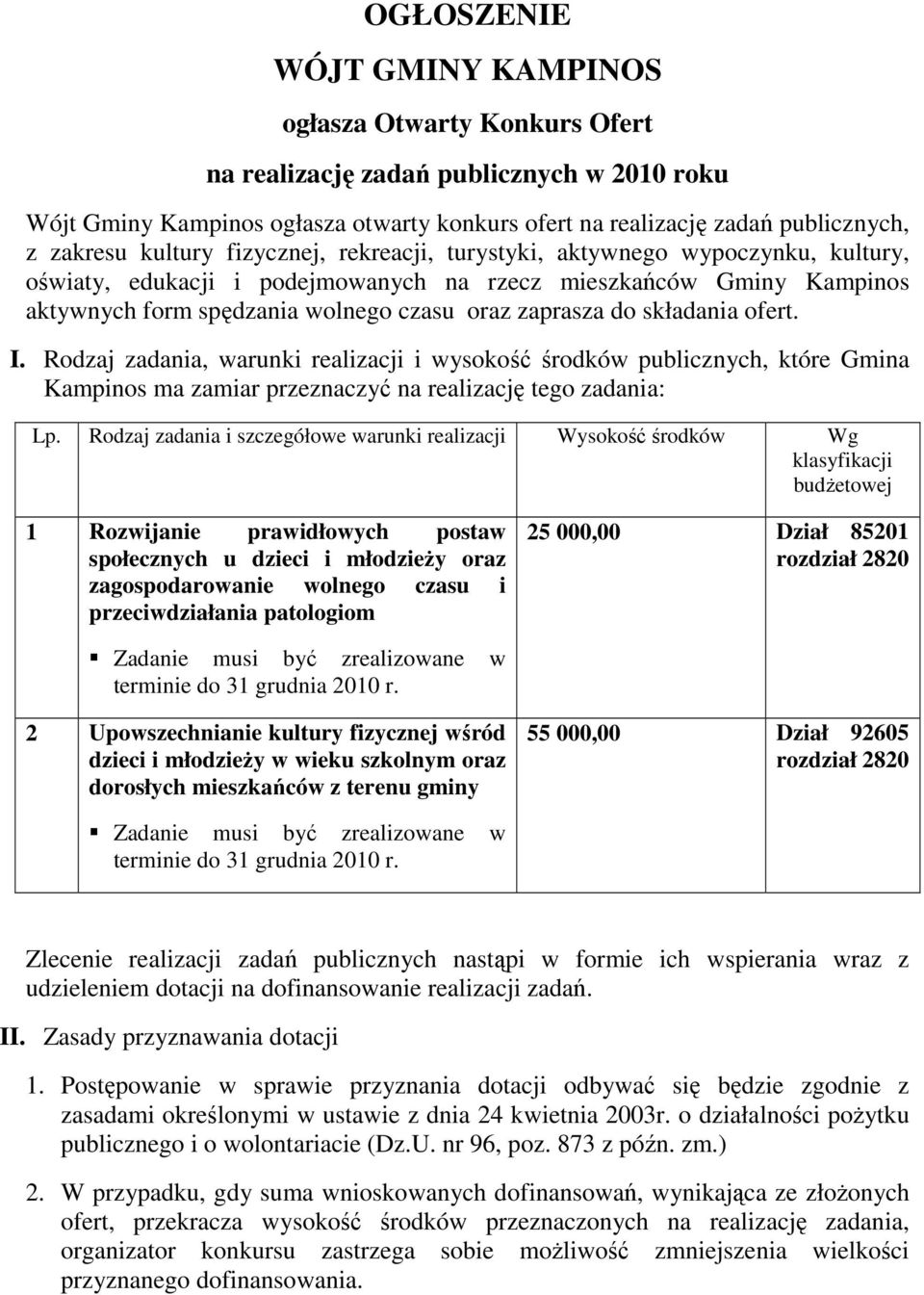 składania ofert. I. Rodzaj zadania, warunki realizacji i wysokość środków publicznych, które Gmina Kampinos ma zamiar przeznaczyć na realizację tego zadania: Lp.