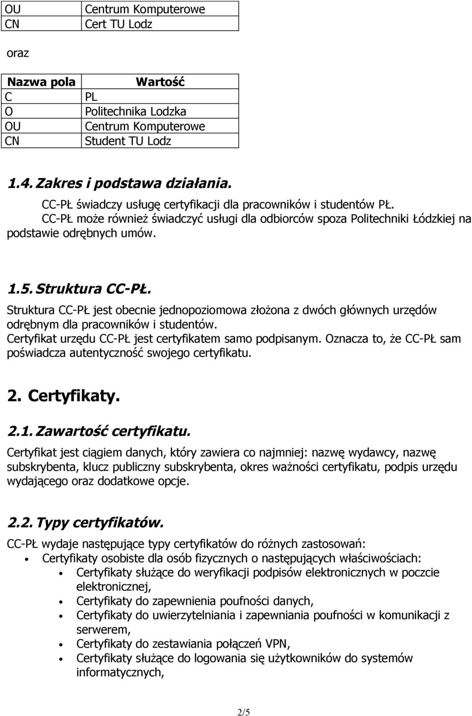 Struktura CC-PŁ jest obecnie jednopoziomowa złożona z dwóch głównych urzędów odrębnym dla pracowników i studentów. Certyfikat urzędu CC-PŁ jest certyfikatem samo podpisanym.
