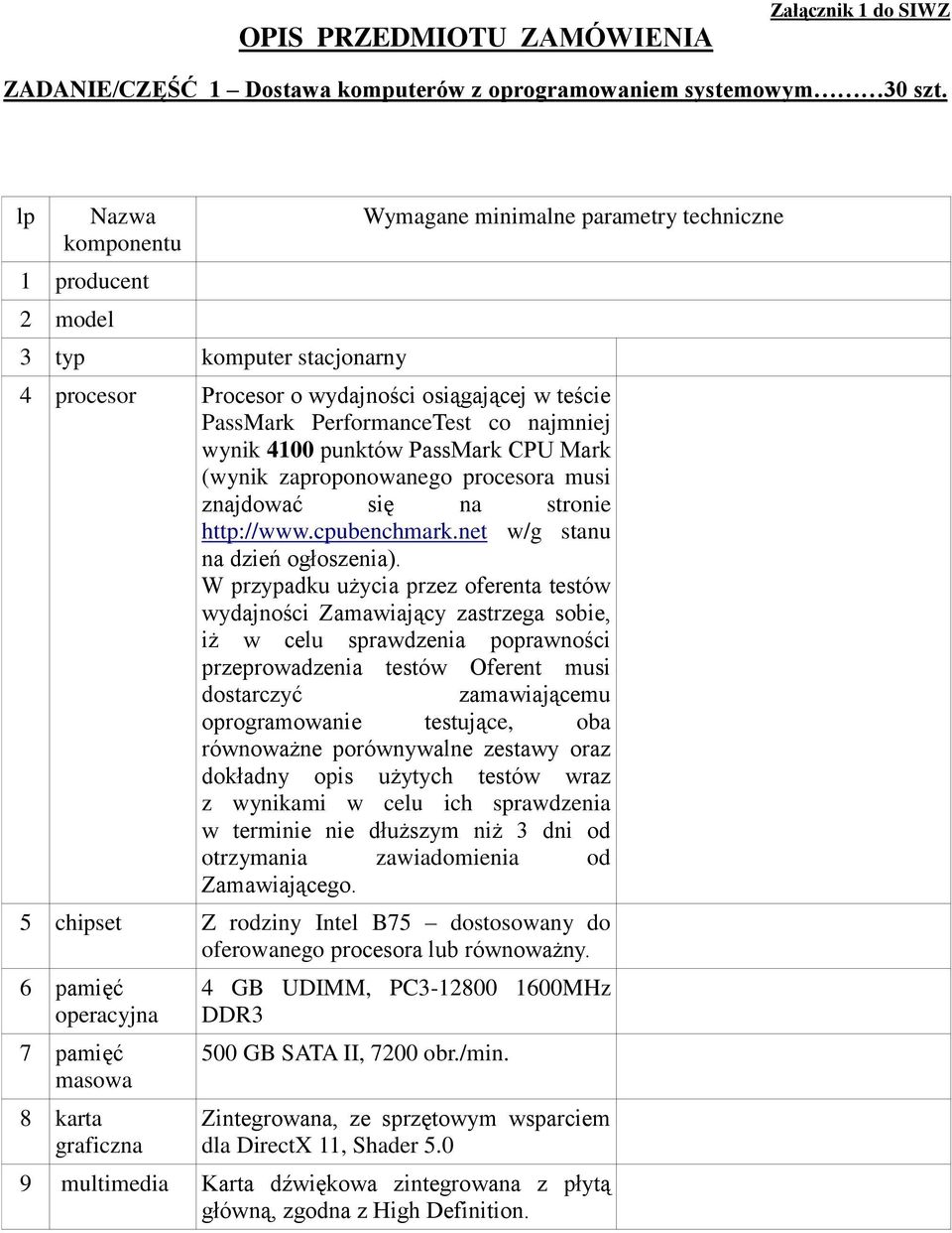 wynik 4100 punktów PassMark CPU Mark (wynik zaproponowanego procesora musi znajdować się na stronie http://www.cpubenchmark.net w/g stanu na dzień ogłoszenia).