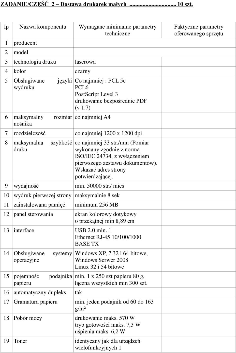 5c PCL6 PostScript Level 3 drukowanie bezpośrednie PDF (v 1.7) co najmniej A4 7 rozdzielczość co najmniej 1200 x 1200 dpi 8 maksymalna szybkość druku co najmniej 33 str.