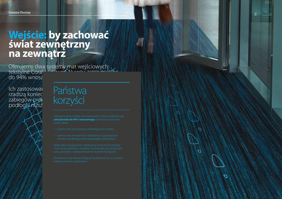Oferujemy różne rodzaje mat wejściowych, których zadaniem jest zatrzymanie do 94% wnoszonego do Państwa budynków brudu i błota: systemy mat zewnętrznych zeskrobują brud z butów systemy mat