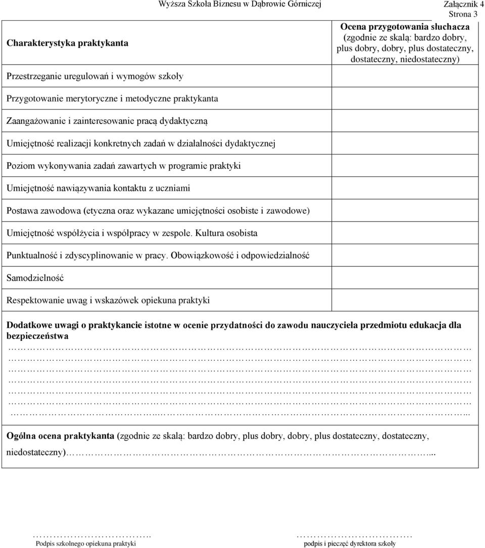 konkretnych zadań w działalności dydaktycznej Poziom wykonywania zadań zawartych w programie praktyki Umiejętność nawiązywania kontaktu z uczniami Postawa zawodowa (etyczna oraz wykazane umiejętności