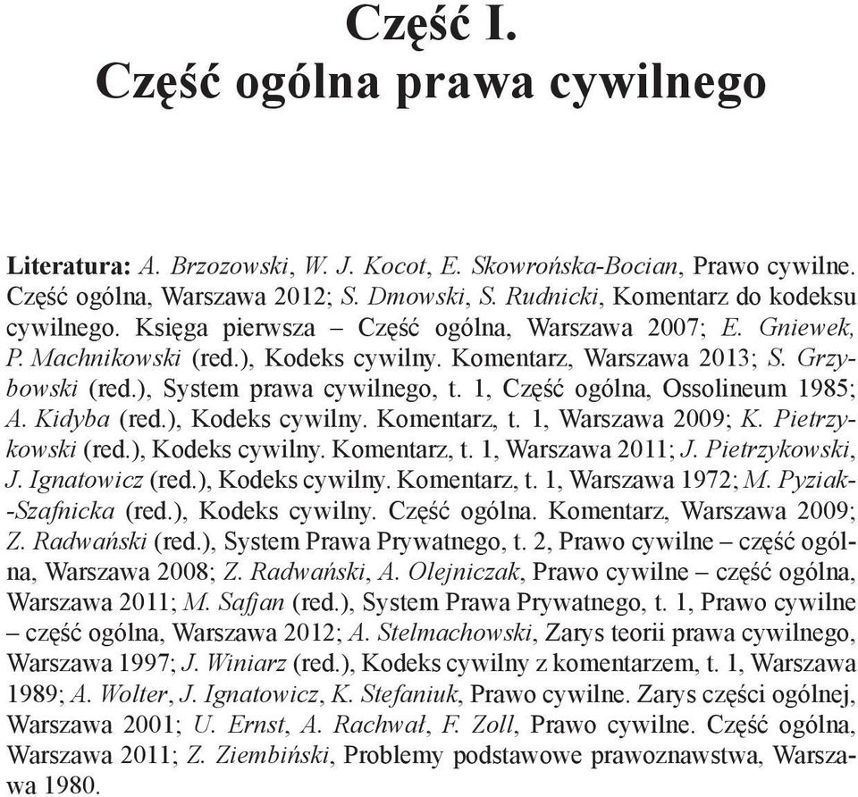 Kidyba (red.), Kodeks cywilny. Komentarz, t. 1, Warszawa 2009; K. Pietrzykowski (red.), Kodeks cywilny. Komentarz, t. 1, Warszawa 2011; J. Pietrzykowski, J. Ignatowicz (red.), Kodeks cywilny. Komentarz, t. 1, Warszawa 1972; M.
