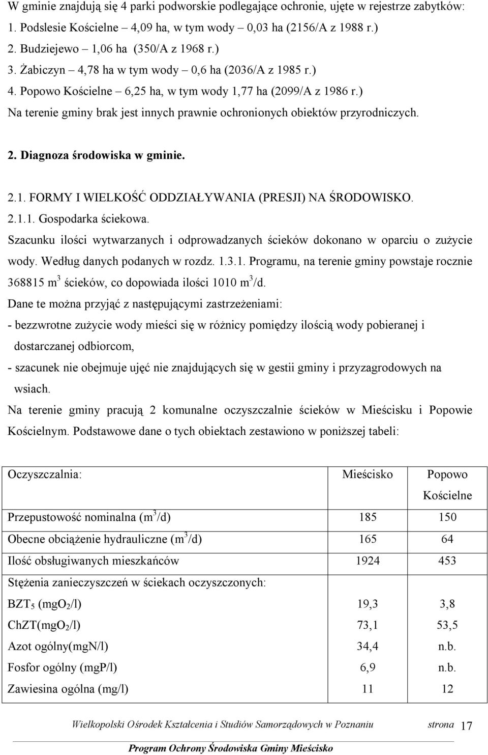 ) Na terenie gminy brak jest innych prawnie ochronionych obiektów przyrodniczych. 2. Diagnoza środowiska w gminie. 2.1. FORMY I WIELKOŚĆ ODDZIAŁYWANIA (PRESJI) NA ŚRODOWISKO. 2.1.1. Gospodarka ściekowa.