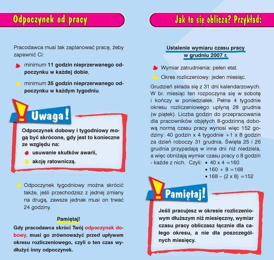 Odpoczynek tygodniowy można skrócić także, jeśli przechodzisz z jednej zmiany na drugą, zawsze jednak musi on trwać 24 godziny. Pamiętaj!