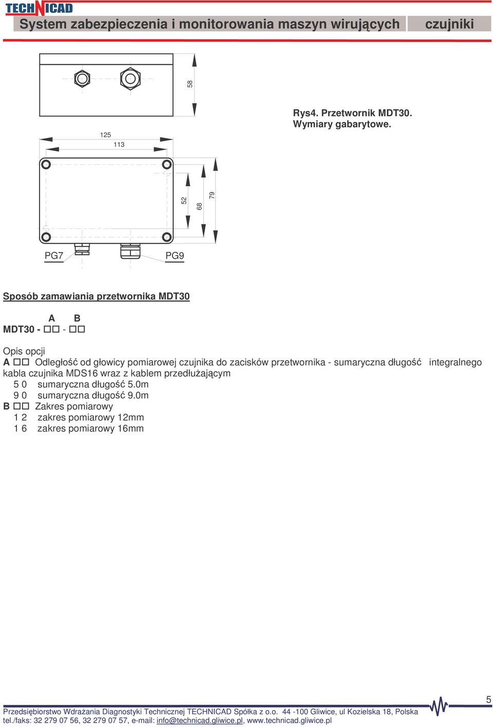 PG7 PG9 Sposób zamawiania przetwornika MDT30 A B MDT30 - - A Odległo od głowicy pomiarowej czujnika do zacisków