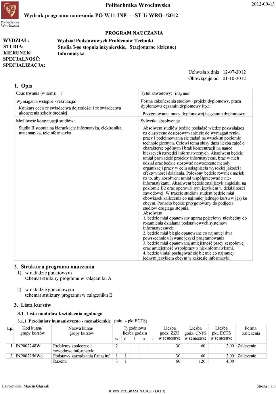 Struktura programu nauczania ) układzie punktoym chemat trukury programu załączniku A ) układzie godzinoym chemat truktury programu załączniku B PROGRAM NAUCZANIA Wydział Podtaoych Problemó Techniki
