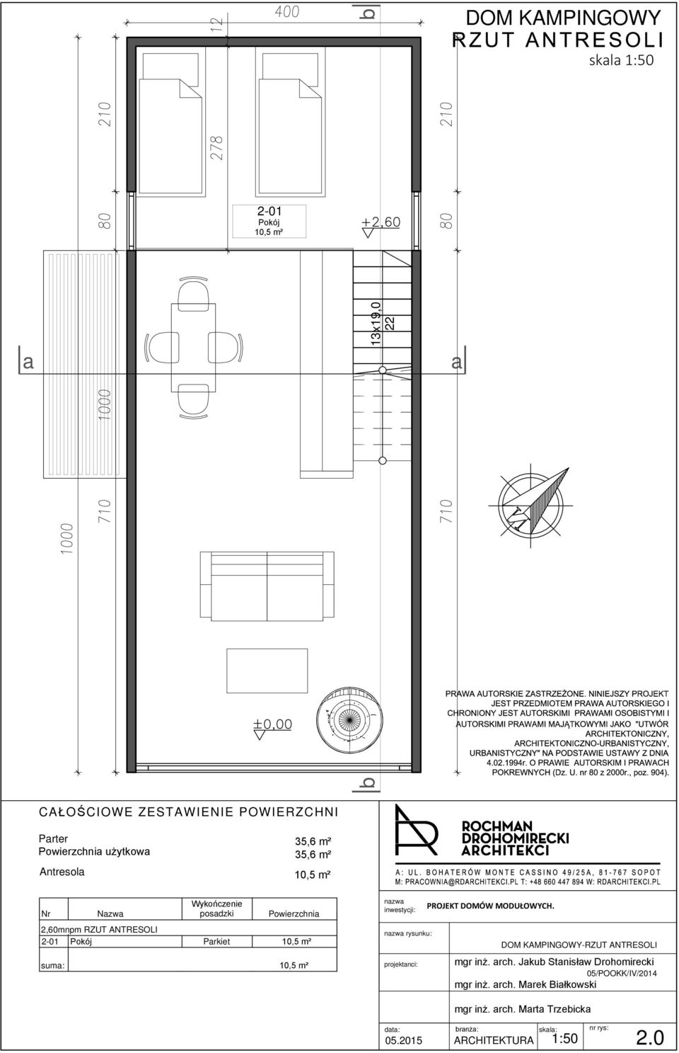 35,6 m² 10,5 m² Nr Nazwa Wykończenie posadzki Powierzchnia 2,60mnpm RZUT