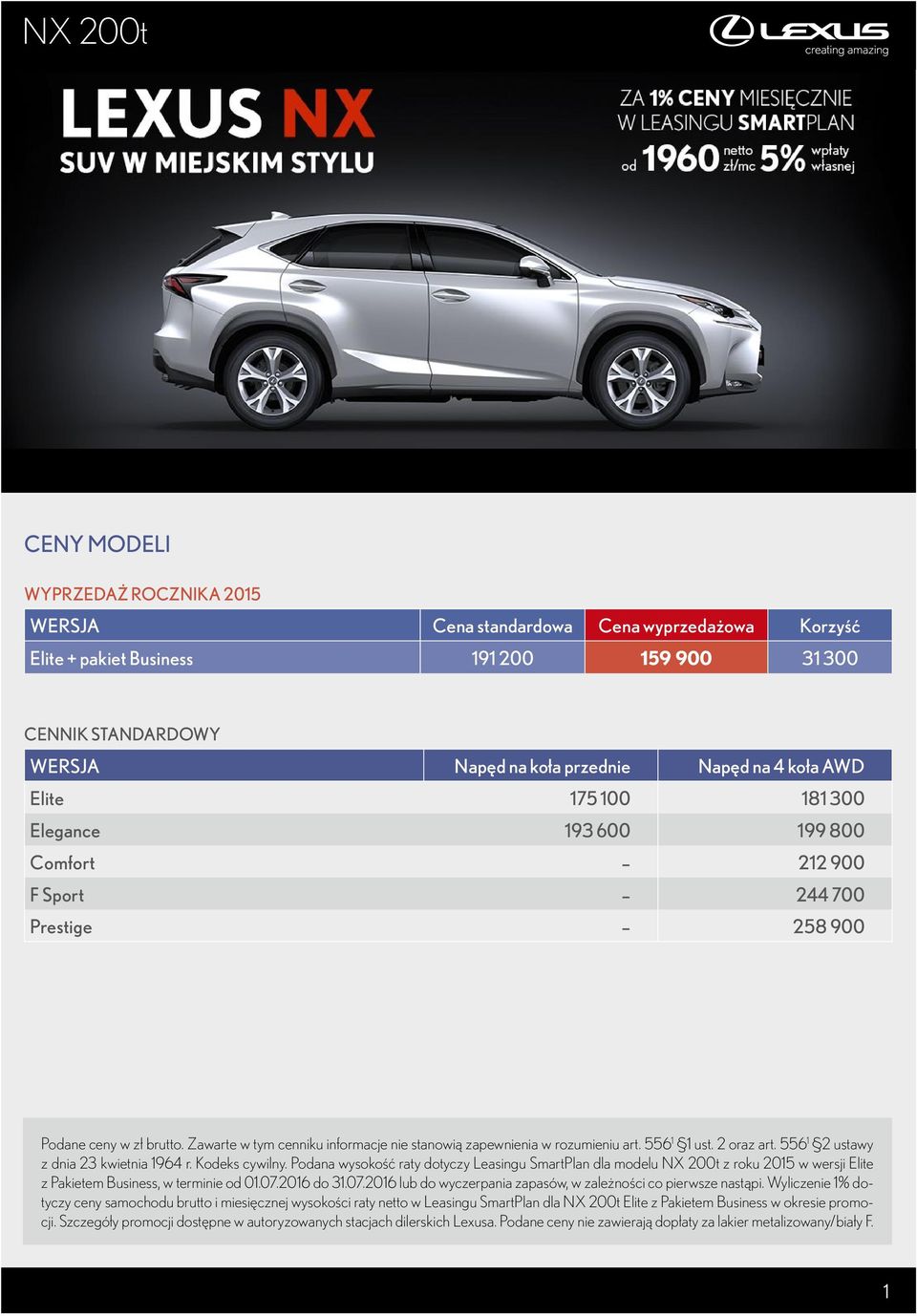 2 oraz art. 556 1 2 ustawy z dnia 23 kwietnia 1964 r. Kodeks cywilny. Podana wysokość raty dotyczy Leasingu SmartPlan dla modelu NX 200t z roku 2015 w wersji z Pakietem Business, w terminie od 01.07.